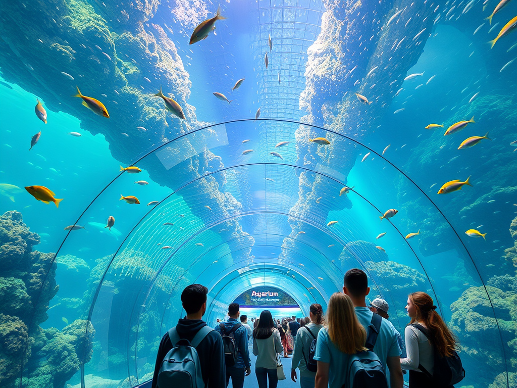 Create a realistic image of a massive, curved glass aquarium tunnel with vibrant coral reefs and colorful tropical fish swimming overhead and around visitors, featuring a small group of diverse tourists looking up in awe, with soft blue lighting and "Dubai Aquarium" text subtly visible on the tunnel's entrance.