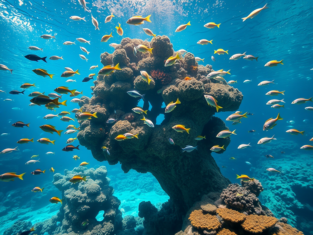 Create a realistic image of a stunning underwater scene at Dubai Aquarium, featuring a diverse array of colorful tropical fish swimming around a large, intricate coral reef structure, with rays of sunlight filtering through the crystal-clear water, creating a serene and captivating atmosphere that captures the essence of the aquarium's beauty and biodiversity.